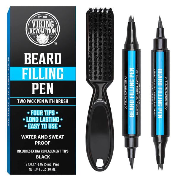 Beard Pen (2 Pack) - Black Beard Pencil Filler for Men Lapiz Para Barba De Hombre - Beard Filler for Men Waterproof Beard Filling Pen Kit - Long Lasting Beard Filler Pen with Brush