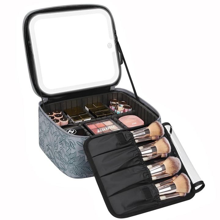 Travel Makeup Bag with LED Mirror, Cosmetic Train Case with Light up Mirror, Portable Makeup Artist Organizer Bag with Adjustable Dividers, Makeup Brush Holder Storage, Black