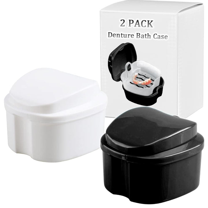 Denture Bath Box Cup, Complete Clean Care for Dentures, Clear Braces, Mouth Guard, Night Guard & Retainers, Traveling (Navy Blue & Blue)