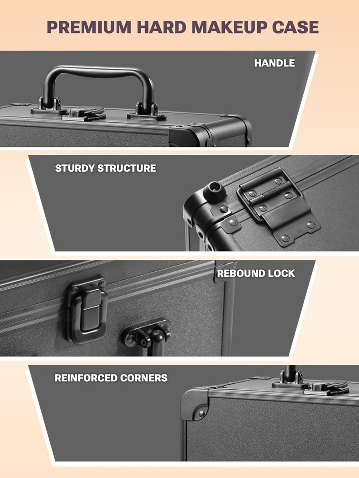 Makeup Box with a Detachable Lighted Mirror, Waterproof Travel Train Case, Cosmetic Organizer and Makeup Suitcase with Adjustable Dividers, Magnetic LED Mirror (Black)