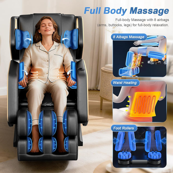 Massage Chair Full Body, Zero Gravity Massage Chair 2025 for Back Fatigue with 10 Fixed Rollers, Airbags, Phone Controller, Heating, Bluetooth Speaker, Nightlights for Living Room, Bedroom
