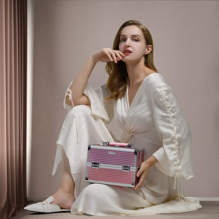 Makeup Train Case Makeup Case Organizer Portable Cosmetic Box Storage with 2 Trays Mirror Locking Make up Travel Case for Nail Kits Cosmetics Craft Traveling Makeup Box Mermaid Pink