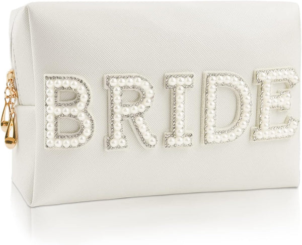 Bride Patch Letter Makeup Bag for Women Bridesmaid Engagement Gift for Her White Pearl Rhinestone Travel Toiletry Bag Make up Bag Pouch for Purse Bridal Shower Gifts for Engagement Wedding