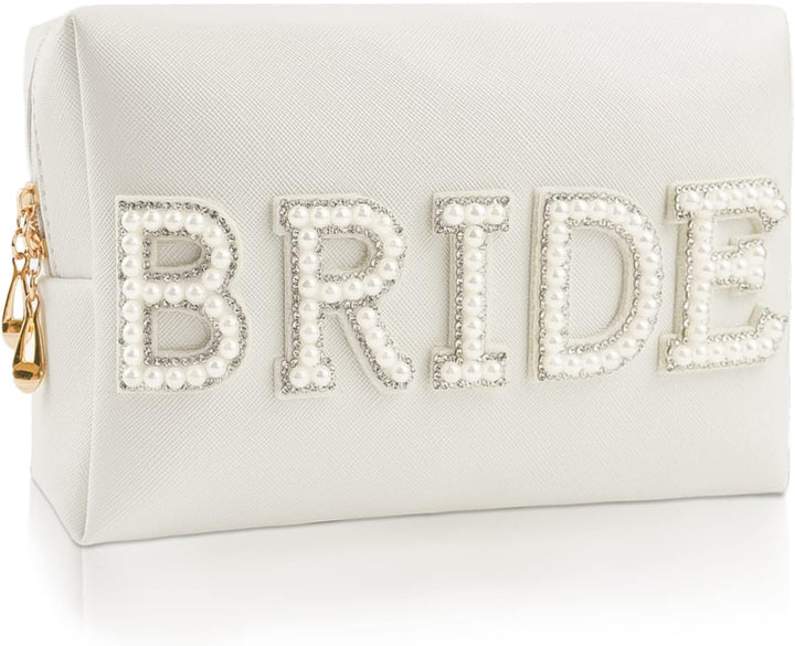 Bride Patch Letter Makeup Bag for Women Bridesmaid Engagement Gift for Her White Pearl Rhinestone Travel Toiletry Bag Make up Bag Pouch for Purse Bridal Shower Gifts for Engagement Wedding