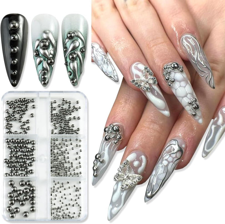 3D Mixed Sizes Nail Art Studs Gold Silver Mini Metal Caviar Nails Beads Ball Nail Rivets Jewelry for Women Girls Manicure Nails Supplies DIY Crafts Decorations
