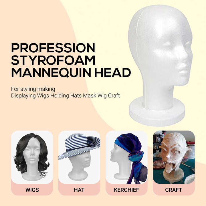 11.4-Inch Styrofoam Mannequin Head (1 Pack) - White Foam Wig Stand for Wigs, Hats, Masks, Hairpieces, Arts, Crafts, DIY Projects, Salon Display, and Travel Use