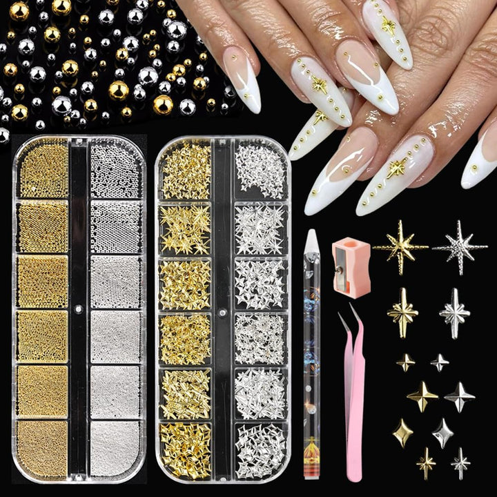 3D Mixed Sizes Nail Art Studs Gold Silver Mini Metal Caviar Nails Beads Ball Nail Rivets Jewelry for Women Girls Manicure Nails Supplies DIY Crafts Decorations