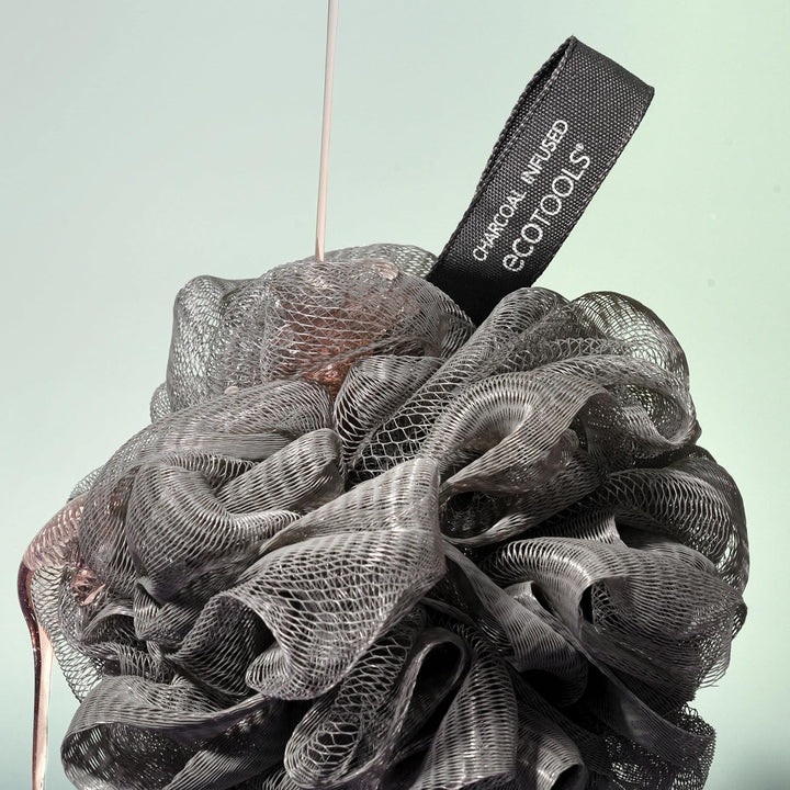 Charcoal Ecopouf, Loofah Sponge for Bath & Shower, Infused Pouf, Recycled Netting, Exfoliation Removes Dead Skin, Eco-Friendly Bath Accessory, Cruelty-Free, Color May Vary, 1 Count (60G)