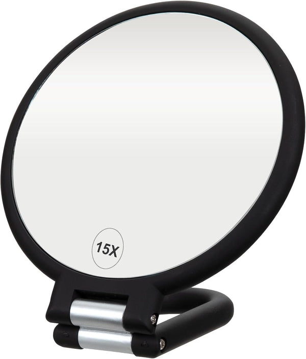 Premium Magnifying Handheld Mirror, 1X/15X Magnification Hand Mirror, Folding Adjustable Handle, for Makeup, Travel, Black