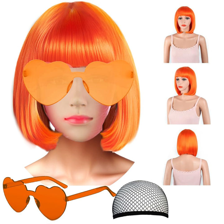 Short Bob Hair Wigs Straight with Flat Bangs Synthetic Colorful Cosplay Daily Party Neon Wig for Women + Free Wig Cap 14" Natural as Real