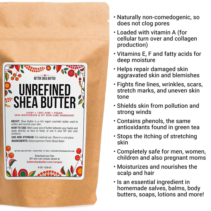 Raw Shea Butter - 100% Pure African Unrefined Shea Butter for Hair | Skin Moisturizer for Face and Body | Use for Soap Base, DIY Whipped Lotion, Lip Balm - 8 Oz Block