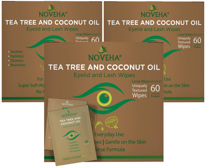 60Pcs Tea Tree & Coconut Oil Eyelid & Lash Wipes - for Demodex, Blepharitis & Itchy Eyes, Individually Wrapped Eyelash Wipes with Aloe Vera, Natural Makeup Remover & Daily Eye Cleanser