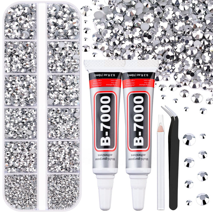 6100Pcs Resin Rhinestones for Crafting with 2Pcs 10Ml B7000 Jewelry Glue, 1 Box Flatback Crystals Diamond (Clear) for Bedazzling Crafts DIY Nail Art Non Hotfix Gems for Clothing Shoes Tumblers
