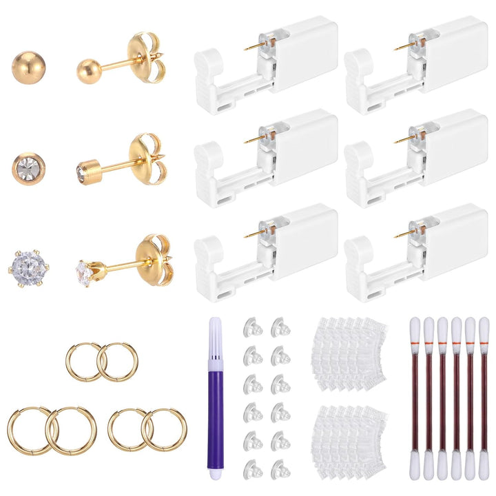 Disposable Ear Piercing Kit with 6 Piercing Guns, 3 Pairs of Earrings, Mark Pen, Iodophor Swabs, Cartilage Jewelry Studs & Accessories, Easy at Home Use (Gold)