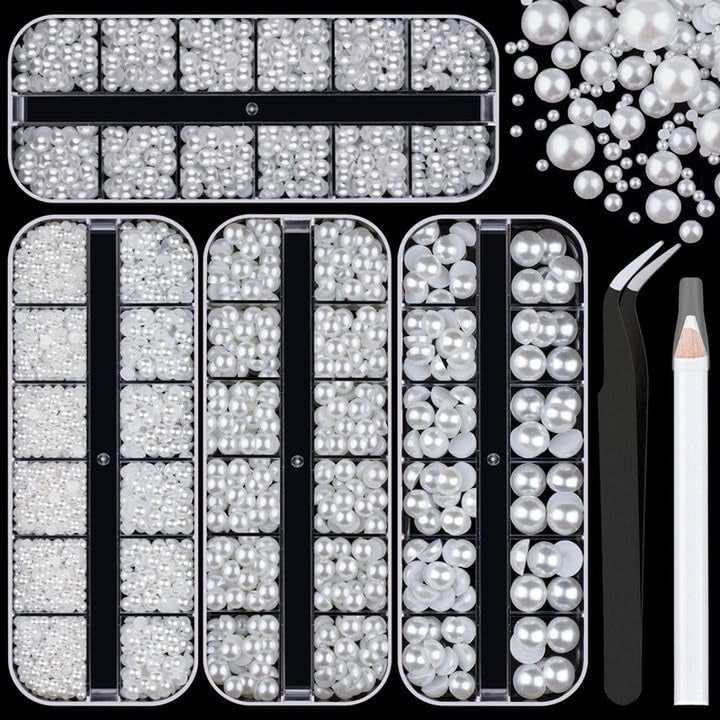 16500Pcs Flatback Pearls for Crafting (White), Assorted Size 2/3/4/5/6/8/10Mm Half Pearl with 3Pcs 10Ml B7000 Jewelry Glue, Bedazzling Kit for DIY Crafts Clothing Tumbler Shoes Embellishment Nail Art