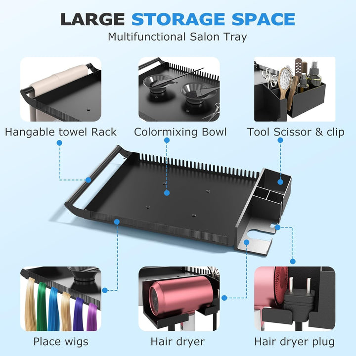 Hairstylist Tray on Wheels, Rolling Salon Tray with Holder and Hair Separator Stand, Salon Trolley Adjustable Tray with Storage Platform Dye Bowls and Tools for Hair Stylist