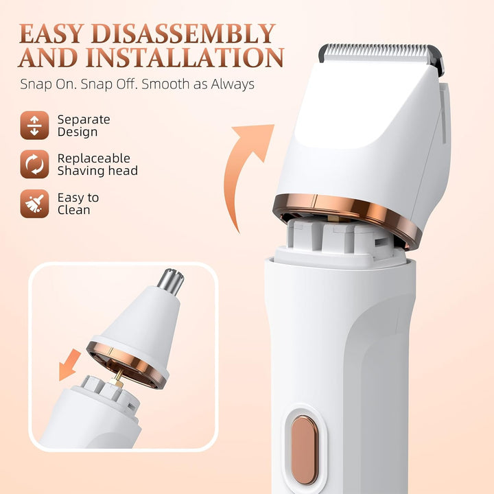 5-In-1 Bikini Trimmer for Women, IPX7 Waterproof Electric Razors Shaver, Cordless Body Hair Trimmer, Facial & Pubic Hair Removal, Ceramic Blade (White)