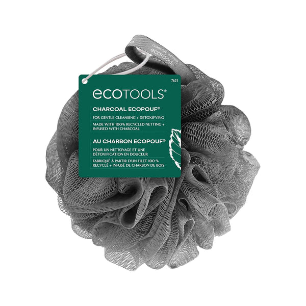 Charcoal Ecopouf, Loofah Sponge for Bath & Shower, Infused Pouf, Recycled Netting, Exfoliation Removes Dead Skin, Eco-Friendly Bath Accessory, Cruelty-Free, Color May Vary, 1 Count (60G)