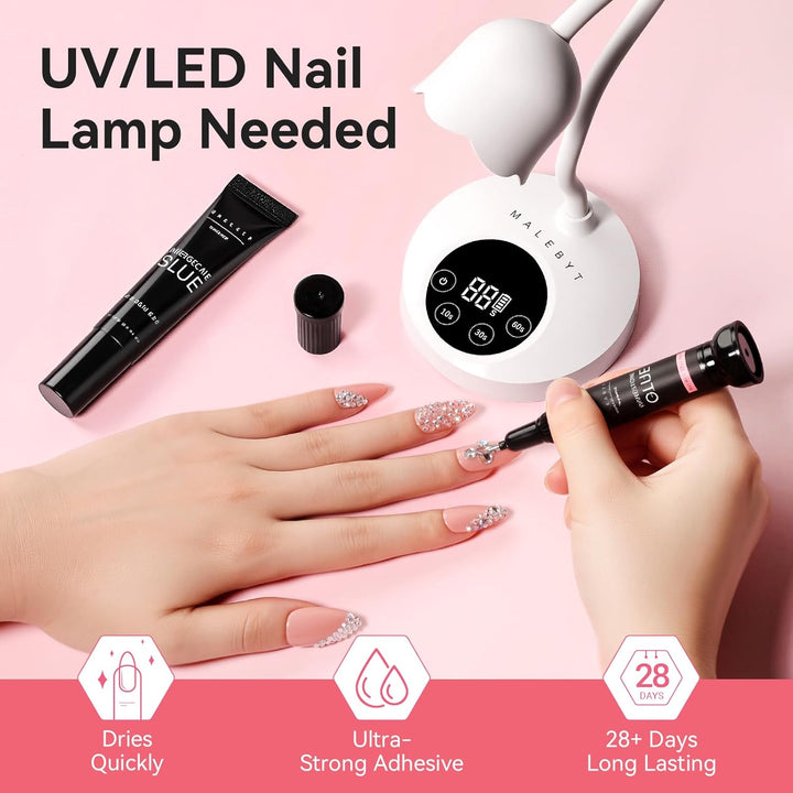 Nail Rhinestone Glue Set - Gel Nail Glue for Rhinestones, 3D Art Design Super Strong Adhesive for Charm Gems Jewel Crystal Beads Diamonds, 15Ml & 8Ml, Easy Use, Cured Need