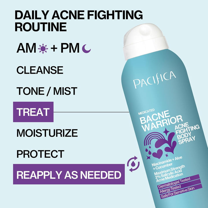 Bacne Warrior - Bacne Salicylic Acid Spray, Back Acne Treatment Spray with 2% Salicylic Acid, Niacinamide, and Aloe, Body Acne Warrior for Body, Chest, and Back, Dermatologist Tested- 6 Fl Oz