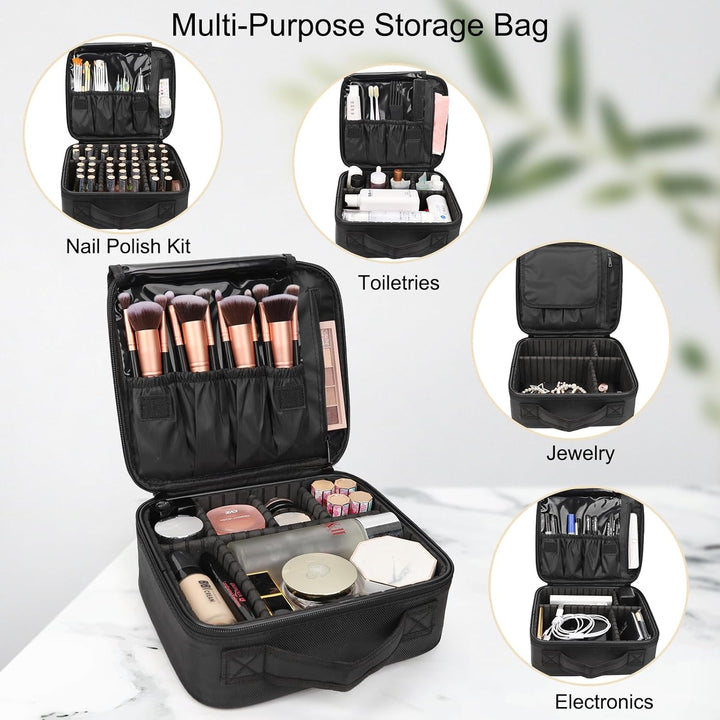 Travel Makeup Train Case Makeup Cosmetic Case Organizer Portable Artist Storage Bag with Adjustable Dividers for Cosmetics Makeup Brushes Toiletry Jewelry Digital Accessories Black