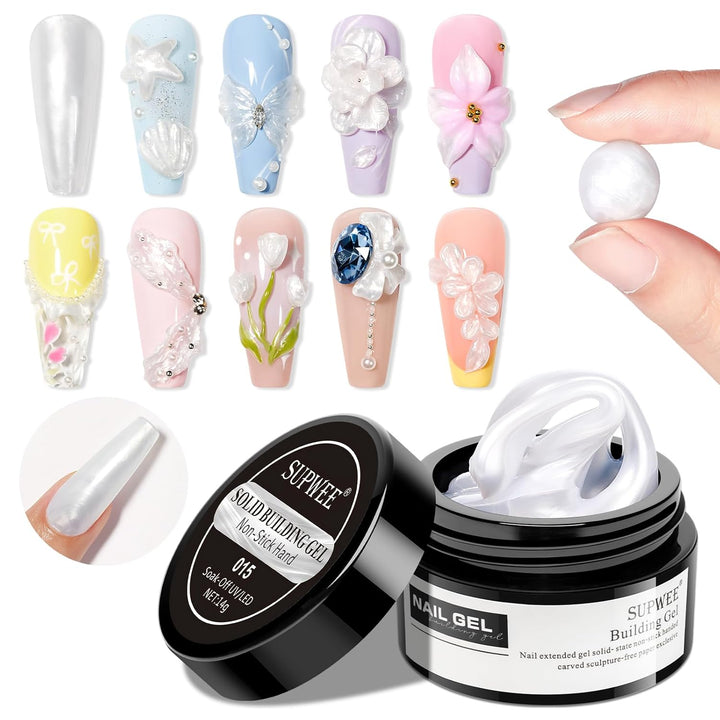 Solid Sculpture Builder Gel, 3D Nail Gel White Non-Stick Hand Nail Extension Gel for Carving Patterns Decoration Nail Art Emboss Hard Gel for Nails Mnicure DIY at Home 14G(0.49 Oz)