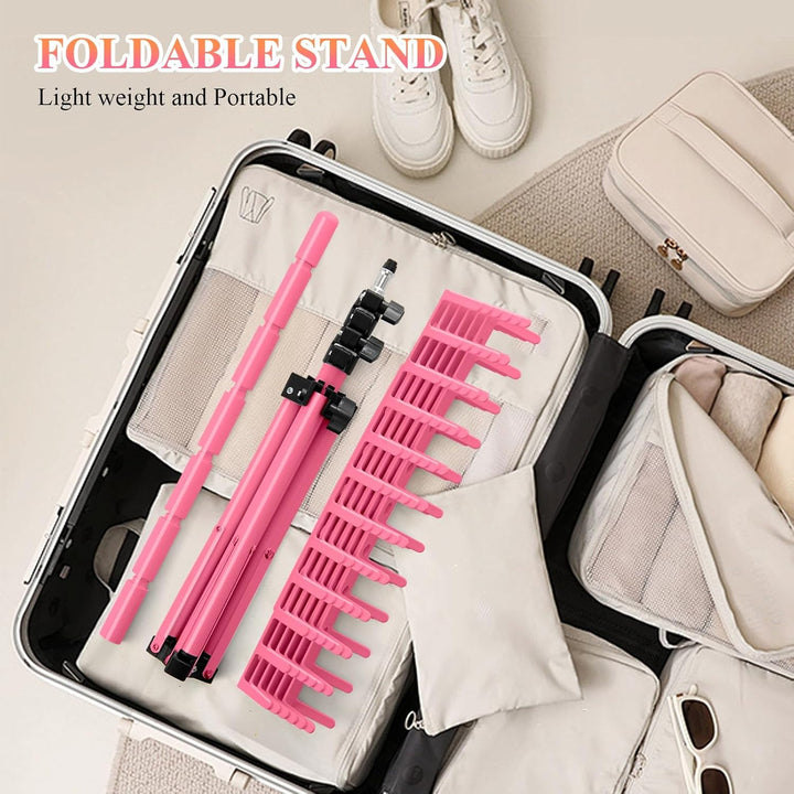 Braiding Hair Rack Height Adjustable 144 Pegs Braiding Rack Hair Extension Holder with Hair Braid Tools, Easy to Assemble (Pink)