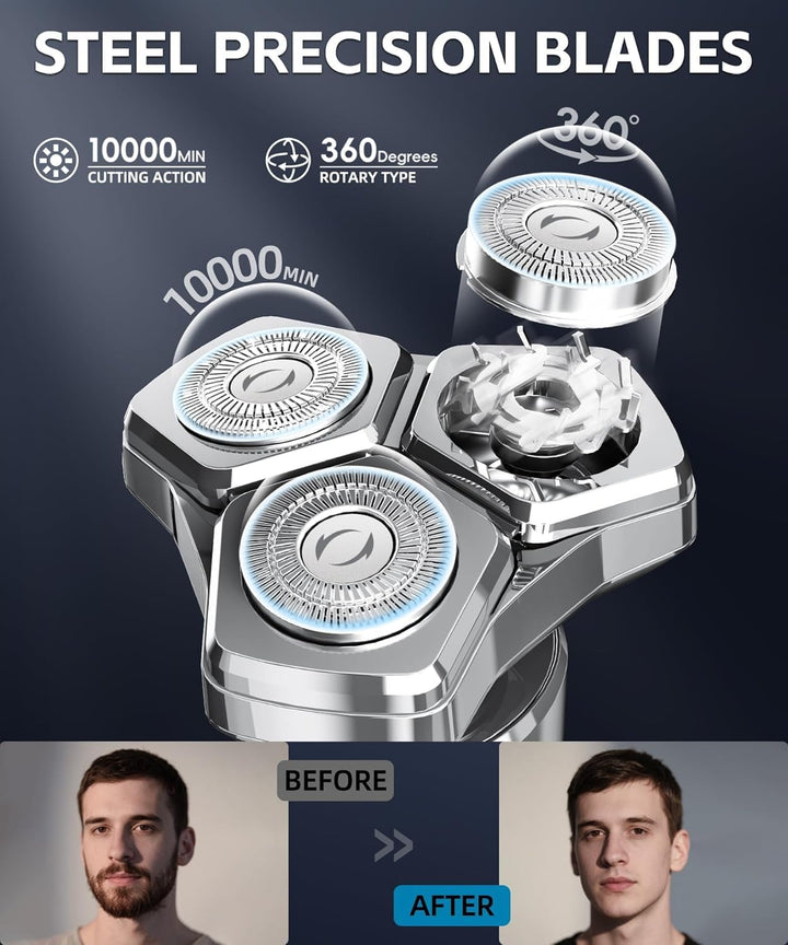 Electric Razor for Men，10,000Rpm High-Speed Motor, IPX8 Waterproof, USB Fast Charging, 5-Min Quick Charge & Travel Lock,Metallic Silver