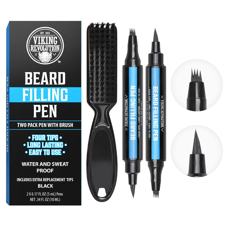 Beard Pen (2 Pack) - Black Beard Pencil Filler for Men Lapiz Para Barba De Hombre - Beard Filler for Men Waterproof Beard Filling Pen Kit - Long Lasting Beard Filler Pen with Brush