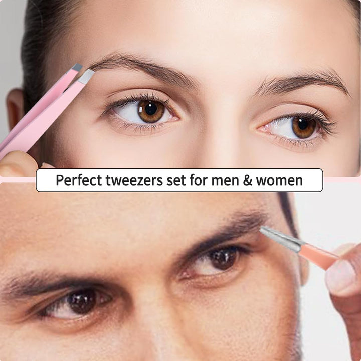 6 PCS Tweezers Set for Women, Eyebrow Tweezers with Curved Scissor for Ingrown Hair, Hair Plucking Daily Beauty Tools with Leather Travel Case