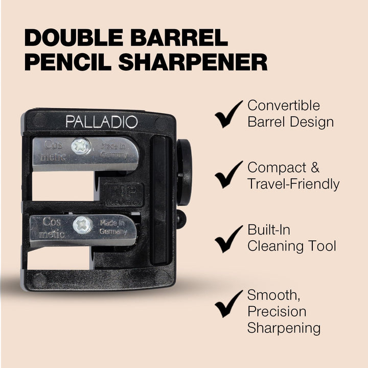 Double Barrel 3 in 1 Cosmetic Pencil Sharpener with Cover, Stainless Steel Blade, Size Adjuster, Essential for Small and Extra Large Lip Liner, Eyeliner, Brow Pencils