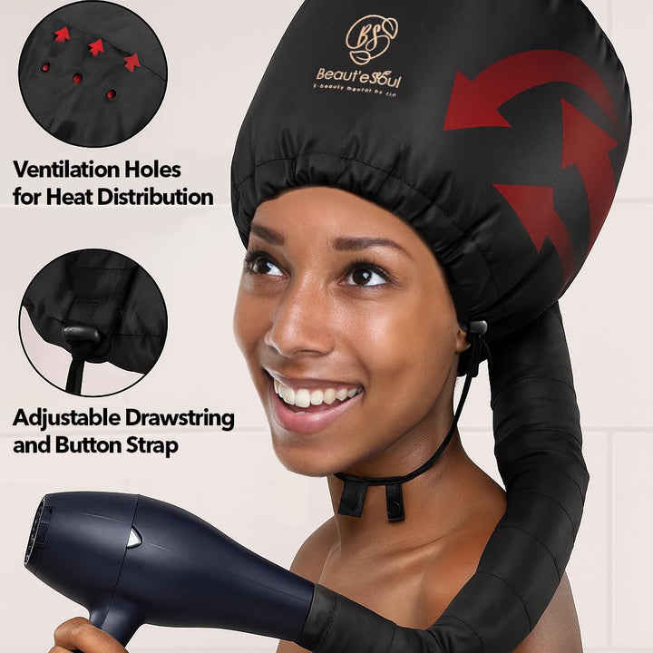 BEAUT'E SEOUL Bonnet Hair Dryer Attachment – Large Soft Hood for Handheld Blow Dryers, Deep Conditioning Cap for Natural Curly Hair, Quick Drying & Hair Treatment