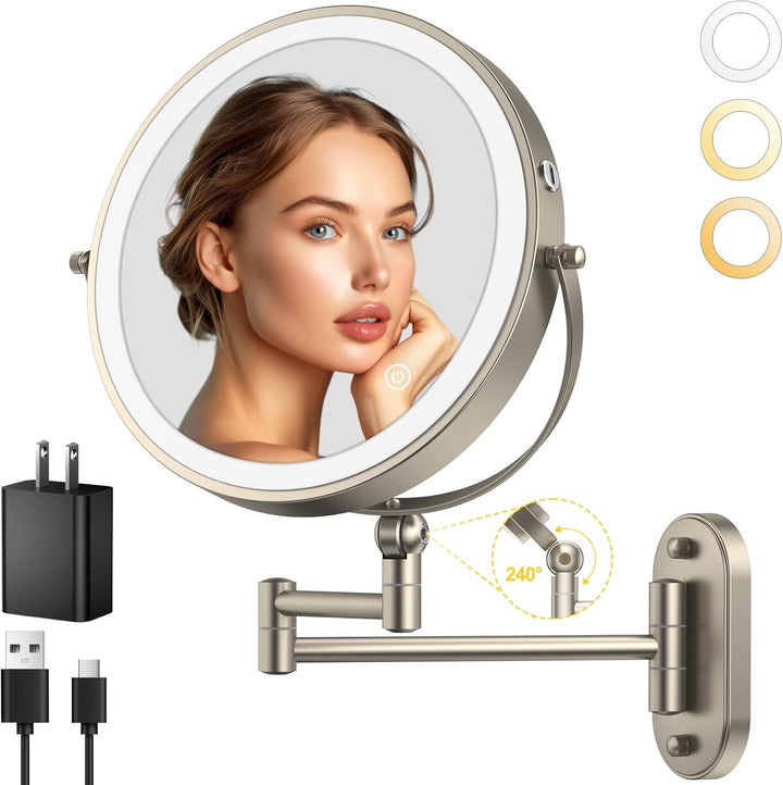 9" Wall Mounted Lighted Makeup Mirror,4000Mah Rechargeable Double Sided 1X/10X Magnifying Mirror with Light,3 Color Lights,Touch Dimmable,Extended Arm 360 Rotation Wall Mounted Makeup Mirror