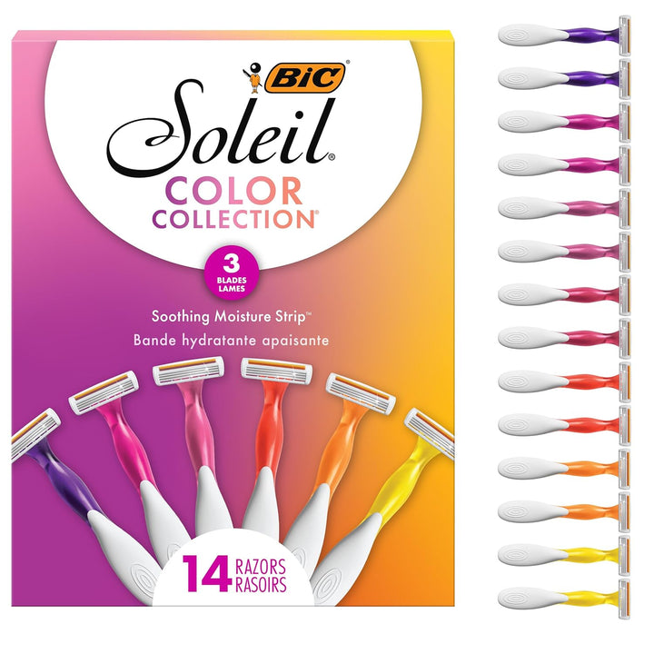 Soleil 3 Colors Women'S Disposable with 3 Blade Razors, Aloe Vera and Vitamin E Lubricating Strip for Enhanced Glide, 14-Pack, Stocking Stuffers for Women