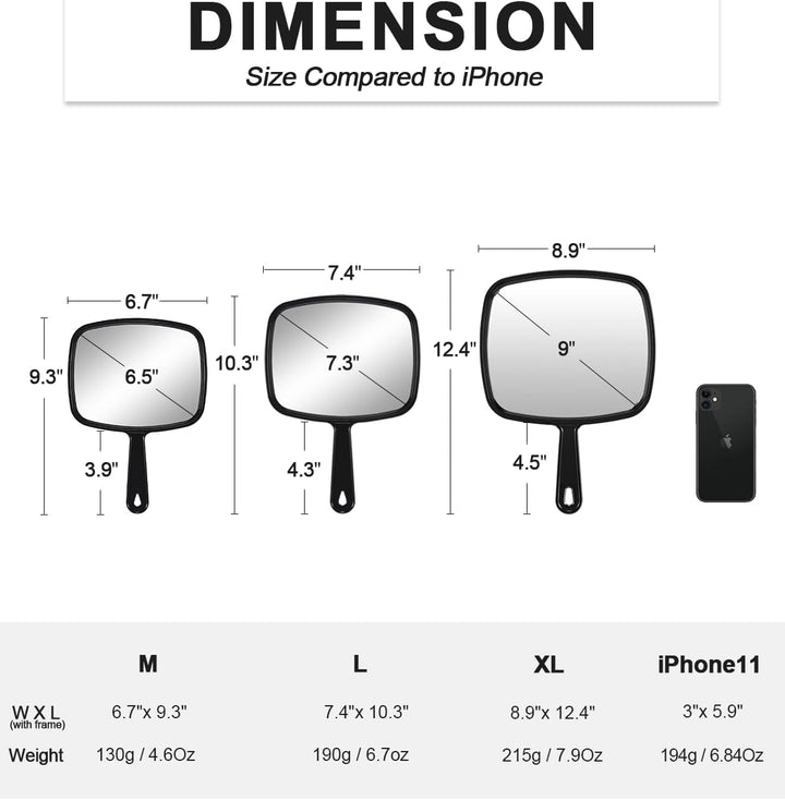 Hand Mirror,9.3" L X 6.7" W Salon Barber Hairdressing Handheld Mirror with Handle, Square Black