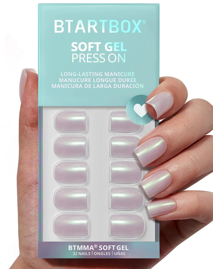 White Press on Nails Short - Soft Gel Press on Nails Almond, White Glue on Nails with Nail Glue, Reusable Stick on Nails in 16 Sizes, Cream Puff