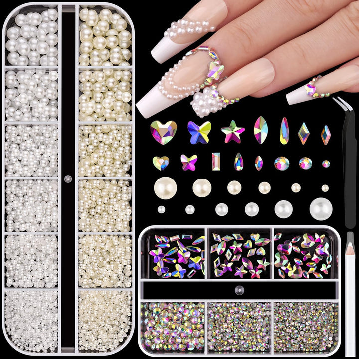 2 Boxes Flatback Pearls (White+Beige) and Metal Nail Beads (Silver+Gold) for Nail Art, Luxurious Pearl Nail Charms and Gems and Small round Caviar Beads Nail Accessories for Acrylic Nail Tips Manicure
