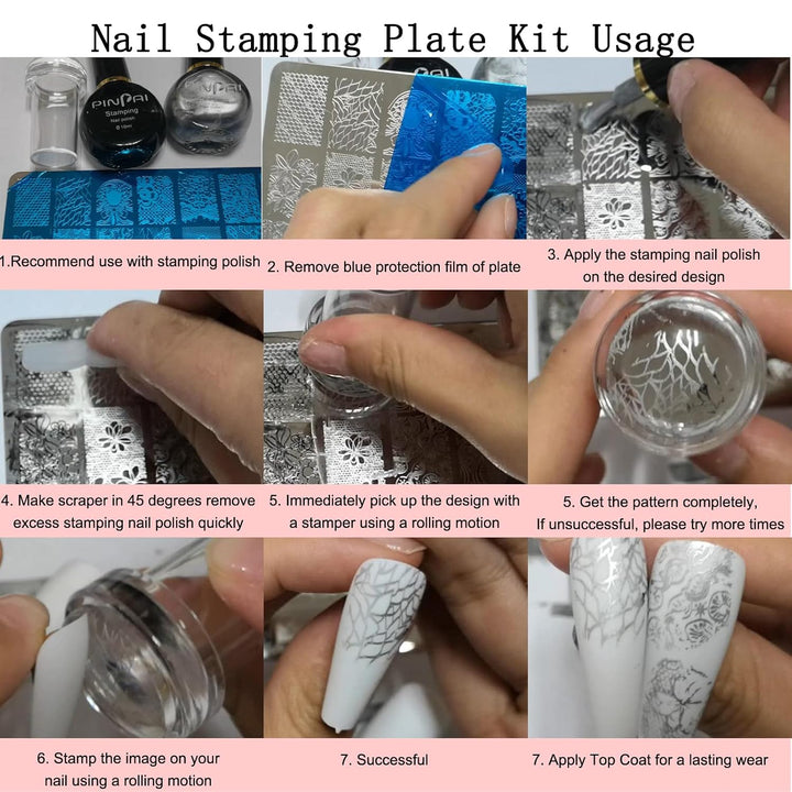 Nail Stamper Kit 7Pcs Nail Stamping Plates Geometric Mandala Flower Nail Stencils with 2 Stamp and 2 Scraper for Home Salon Manicure Design Supplies Tools