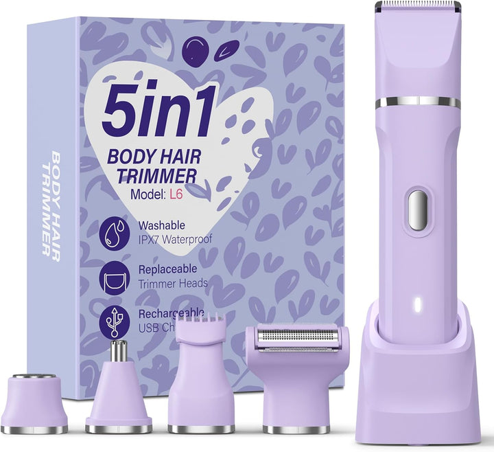 5-In-1 Bikini Trimmer for Women, IPX7 Waterproof Electric Razors Shaver, Cordless Body Hair Trimmer, Facial & Pubic Hair Removal, Ceramic Blade (White)