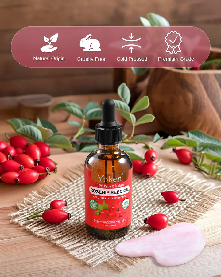 Organic Rosehip Seed Oil for Face,100% USDA Pure Rosehip Oils for Skin,Scars,Hair & Nails.2 Fl Oz Cold Pressed Rose HIPS Oils for Skin Care, Anti-Aging, Scar Treatment, GUA SHA Massage Carrier Oil