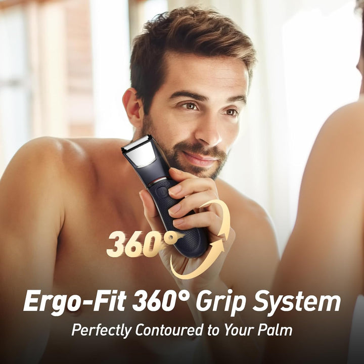 Body Hair Trimmer for Men: Electric Ball Shaver with Mirror & LED Light - Ceramic Blade Pubic Groomer, IPX7 Waterproof for Wet or Dry Use on Groin/Legs/Chest, Features Travel Lock