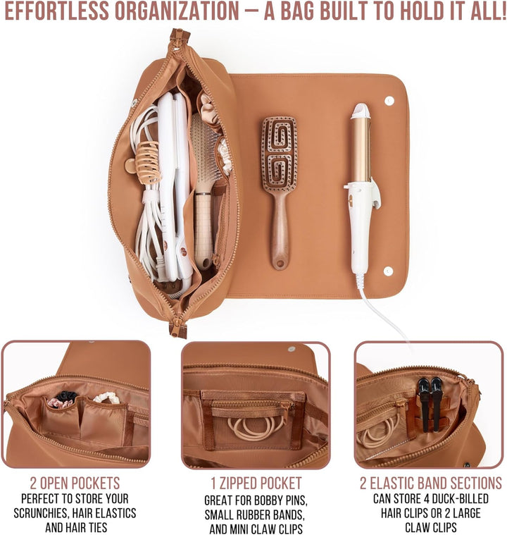 Hair Tools Travel Bag and Heat Resistant Mat for Flat Irons, Straighteners, Curling Iron, and Haircare Accessories, 2-In-1 Design, with Interior Pockets, Portable Organizer