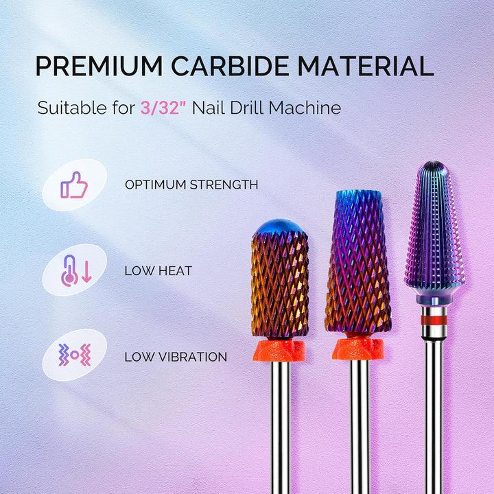 3Pcs Nail Drill Bits Set, 3/32'' Carbide Tungsten Bits, 5 in 1, Smooth round Top Large Barrel and Tornado Bits, Suitable for Manicure Pedicure Cuticle Gel Acrylic Remover, Purple