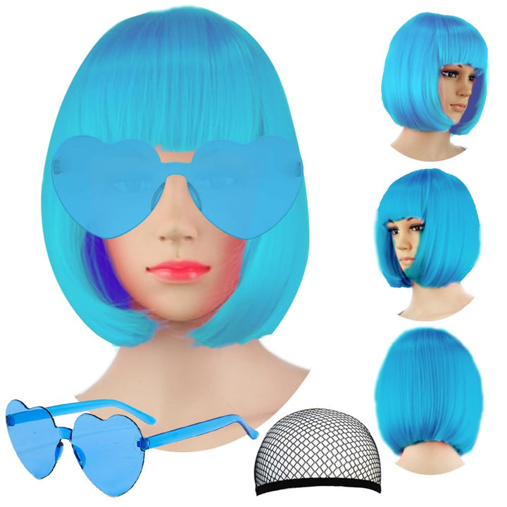 Short Bob Hair Wigs Straight with Flat Bangs Synthetic Colorful Cosplay Daily Party Neon Wig for Women + Free Wig Cap 14" Natural as Real