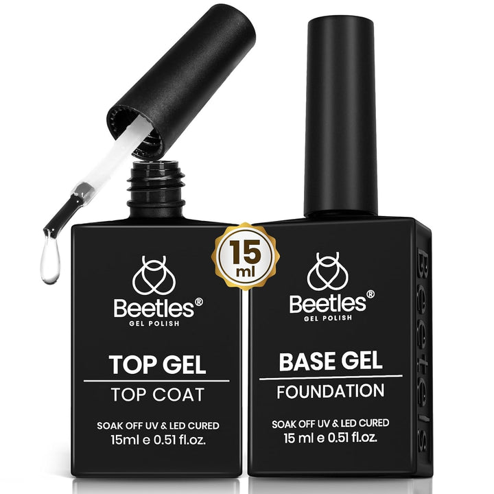 Beetles No Wipe Gel Top Coat and Base Coat Set for Gel Polish - 2Pcs 15Ml Super Shiny and Long Lasting Soak off UV/LED Lamp Needed, Halloween Nail Art Design Gift