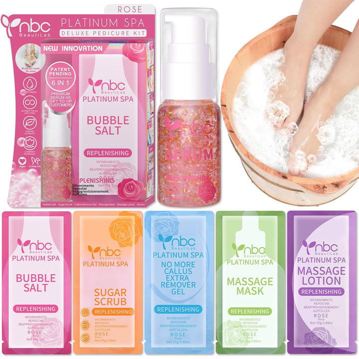 Pedicure Kit Foot Soak Set: Bubble Salt, Sugar Scrub, Massage Mask, Massage Lotion in a Box, 4 Step Foot Spa Kit for Dry Feet,Tired Feet（1 Set Lavender)