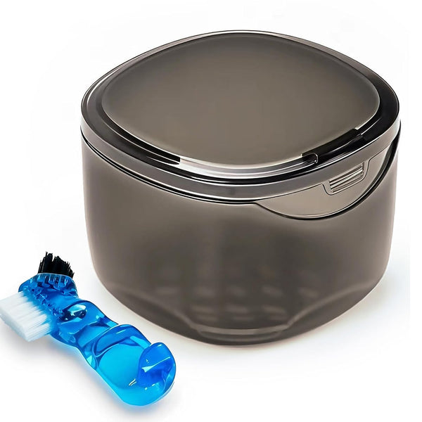 Denture Case Partial Denture Cups for Soaking Dentures, No-Leak Denture Soaking Container Retainer Cleaning Case with Brush for Household|Travel|Office - Transparent Black