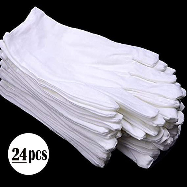 24 Pcs (12 Pair) White Cotton Gloves for Dry Hand Moisturizing Cosmetic Eczema Hand Spa and Coin Jewelry Inspection, Checking Gloves,Serving Gloves Stretchable Lining Gloves Moisturizing Gloves