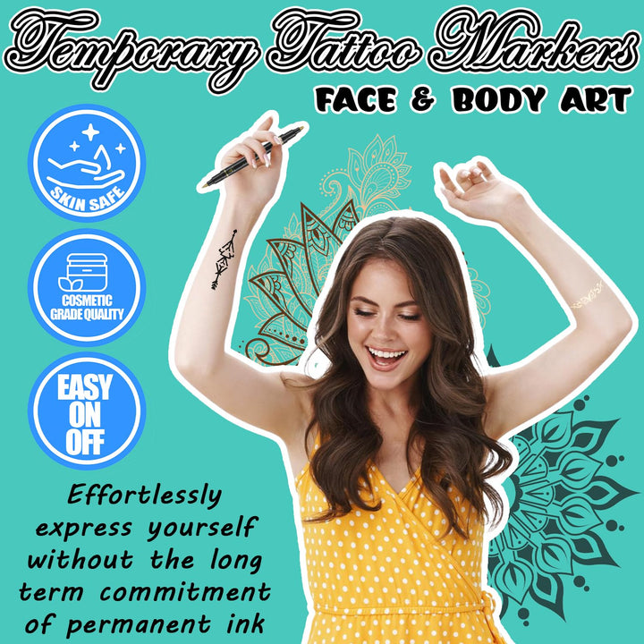 Body Art Tattoo Pen Dual Tip 10 Colors with GOLD SILVER Temporary Tattoo Markers Skin Pen Body Markers Skin Marker Face Paint Kids Teen Girl Gifts Trendy Stuff 8 9 10 11 12 13 14 Years Old