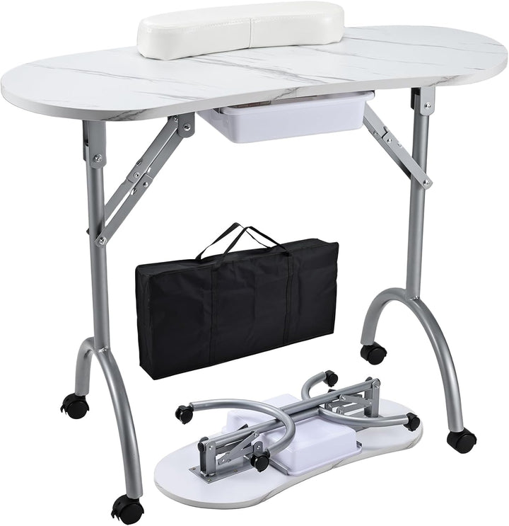 Professional Foldable & Portable Manicure Table Nail Technician Desk Workstation 4 Lockable Wheels with Drawer Client Wrist Pad Free Carrying Bag Travel Nail Tech Spa Beauty Table Pink